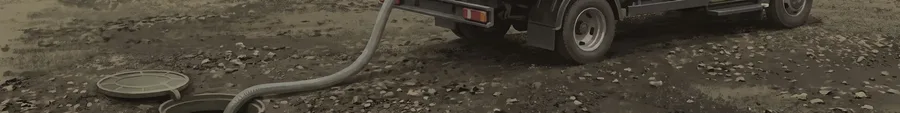 Illustrated vacuum truck parked beside an open septic riser lid, hose reaching down, low ground-level view over earth and gravel